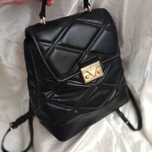 * MICHAEL KORS LEATHER BACKPACK BAG, LUXURY LEATHER BLACK QUILTED LARGE GOLD